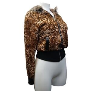 Hendi Hooded Bomber Jacket Leopard Animal Print Faux Fur Trim OS
